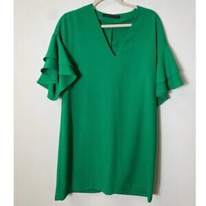 Zara Woman Green Ruffle Sleeve V-Neck Knee Length Shift Dress Sz M